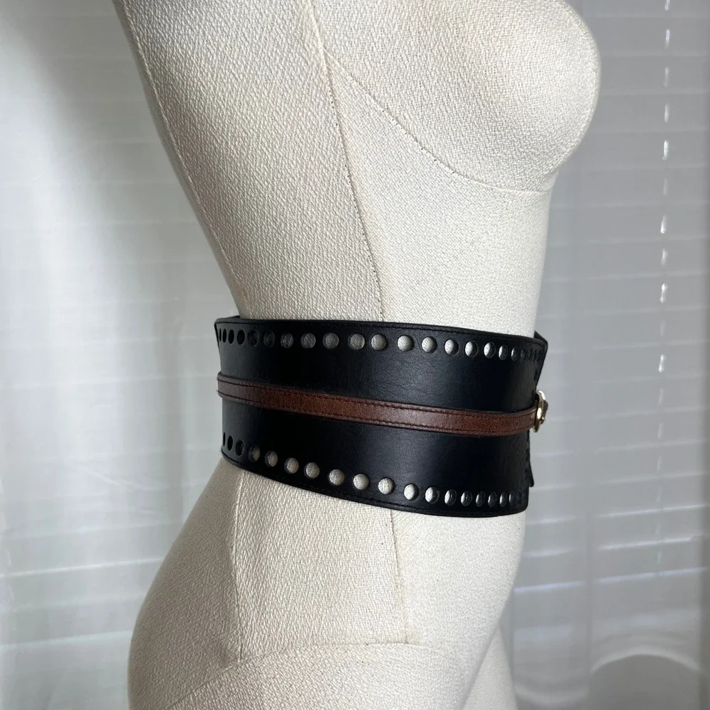 Womens Leather Black Brown Wide‎ Corset Waist Belt Snap Buckle Closure western S